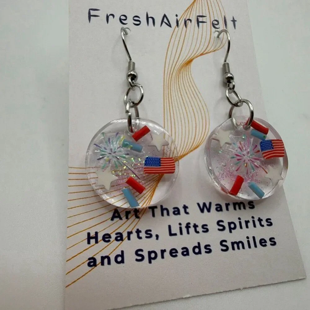 USA 4th of July fireworks Unique hand crafted Resin Stainless drop steel earring